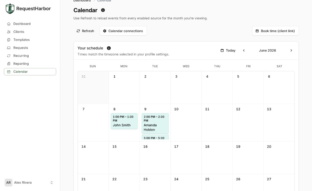 Calendar view with client meetings and shareable booking link