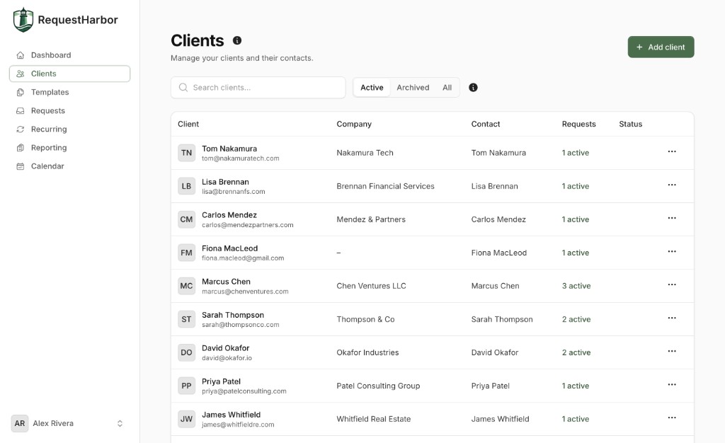 Clients page with contact list, companies, and active request counts