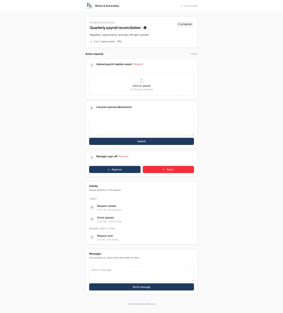 A client portal page branded as Rivera and Associates with action items, activity feed, and a messages thread