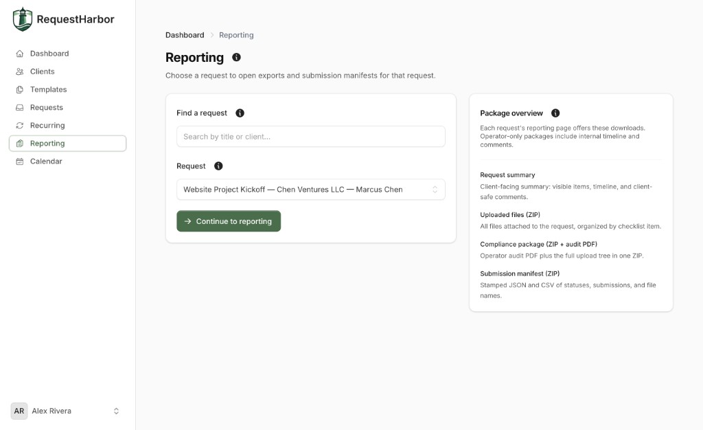 Reporting page with downloadable packages: request summary, uploaded files, compliance ZIP, and submission manifest