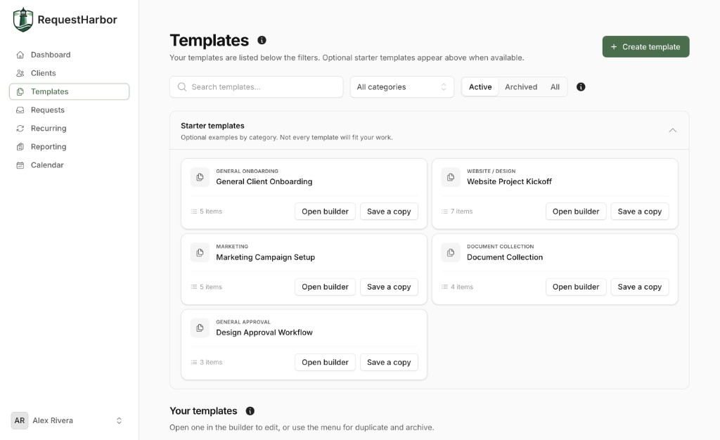Templates library with starter templates for onboarding, document collection, and approvals